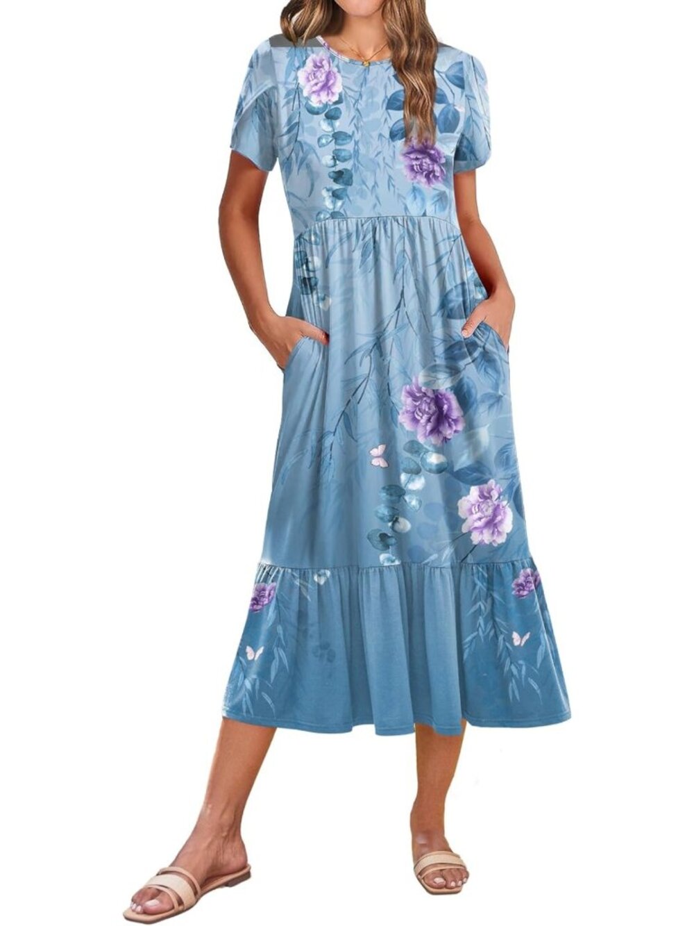 Summer Midi A-Line Dress for Women | Short Sleeve, Flowy, Tiered, Pockets